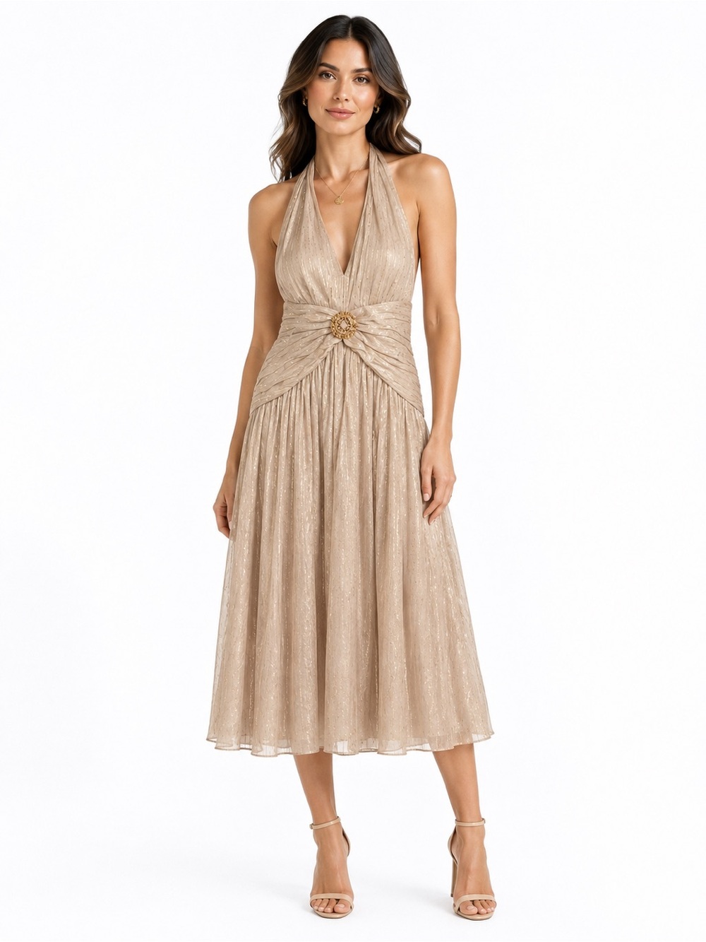Maggy London Champagne Gold Silk Halter Dress with Jeweled Brooch | SZ 8 | Y2K